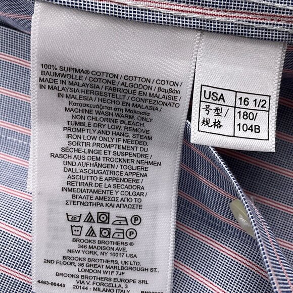 Brooks Brothers‎ Shirt Mens 16.5 32 Black Red Regent Pinstripe OCBD Preppy - Picture 4 of 11